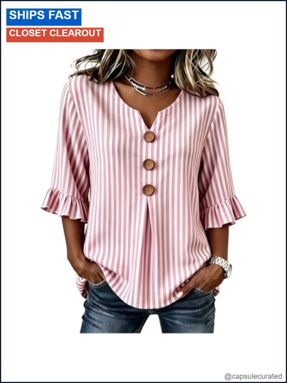 Women's Dressy Casual 3/4 Sleeve Blouse V-Neck Button Front Work Shirt